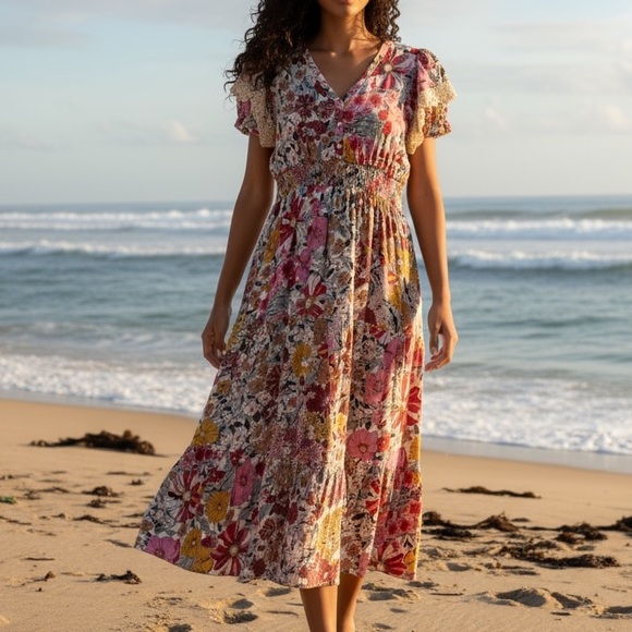 Baltic Born Dresses & Skirts - Baltic Born Aliyah Floral Midi Dress Smocked Waist Size 1XL Feminine Boho Ruffle